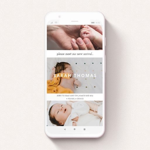 Birth Announcement For Whatsapp Design - "Stacked Frames" A birth announcement for whatsapp design called "Stacked Frames". It is a smartphone screen sized announcement in a portrait orientation. It is a photographic birth announcement for whatsapp with room for 3 photos. "Stacked Frames" is available as a flat announcement, with mainly white colouring.