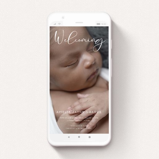 Birth Announcement For Whatsapp Design - "The Royal Mile" A birth announcement for whatsapp template titled "The Royal Mile". It is a smartphone screen sized announcement in a portrait orientation. It is a photographic birth announcement for whatsapp with room for 1 photo. "The Royal Mile" is available as a flat announcement, with mainly white colouring.