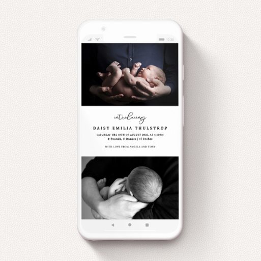 Birth Announcement For Whatsapp Design - "Two Thirds Photo" A birth announcement for whatsapp named "Two Thirds Photo". It is a smartphone screen sized announcement in a portrait orientation. It is a photographic birth announcement for whatsapp with room for 2 photos. "Two Thirds Photo" is available as a flat announcement, with tones of black and white.