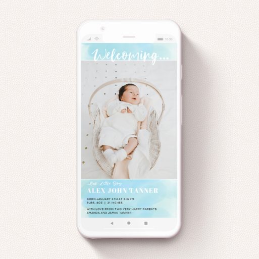 Birth Announcement For Whatsapp Design - "Watercolour Welcome Blue" A birth announcement for whatsapp design named "Watercolour Welcome Blue". It is a smartphone screen sized announcement in a portrait orientation. It is a photographic birth announcement for whatsapp with room for 1 photo. "Watercolour Welcome Blue" is available as a flat announcement, with tones of blue and white.