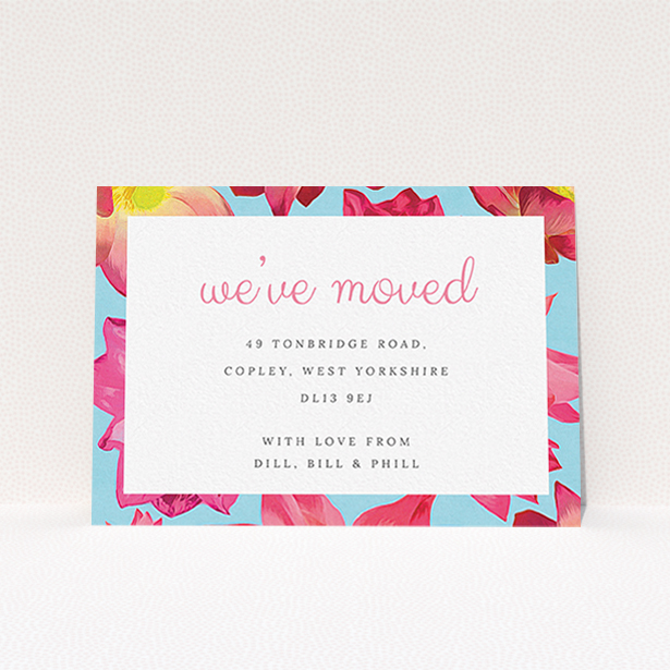 A change of address card design named "A splash of blossom". It is an A6 card in a landscape orientation. "A splash of blossom" is available as a flat card, with tones of light blue, hot pink and yellow.