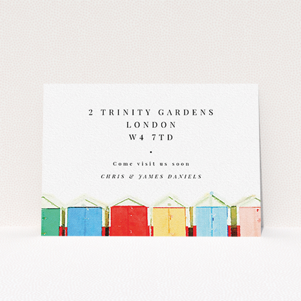 A change of address card design called "A vision of huts". It is an A6 card in a landscape orientation. "A vision of huts" is available as a flat card, with tones of white and light blue.