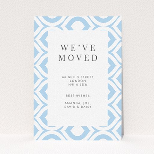 Change Of Address Card Design - "Arabic Pastel" A change of address card design called "Arabic Pastel". It is an A6 card in a portrait orientation. "Arabic Pastel" is available as a flat card, with tones of blue and white.