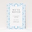 A change of address card design called "Arabic Pastel". It is an A6 card in a portrait orientation. "Arabic Pastel" is available as a flat card, with tones of blue and white.
