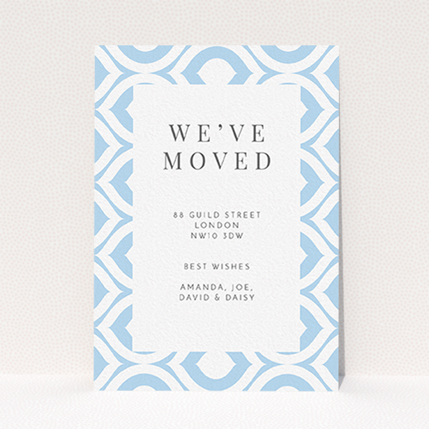 A change of address card design called "Arabic Pastel". It is an A6 card in a portrait orientation. "Arabic Pastel" is available as a flat card, with tones of blue and white.