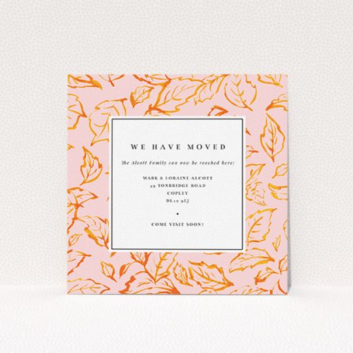 Change Of Address Card Design - "Autumn Move" A change of address card template titled "Autumn Move". It is a square (148mm x 148mm) card in a square orientation. "Autumn Move" is available as a flat card, with tones of pink and orange.