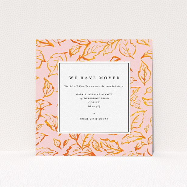 A change of address card template titled "Autumn Move". It is a square (148mm x 148mm) card in a square orientation. "Autumn Move" is available as a flat card, with tones of pink and orange.