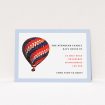 A change of address card design titled "Balloon Drift". It is an A6 card in a landscape orientation. "Balloon Drift" is available as a flat card, with tones of white, light blue and red.