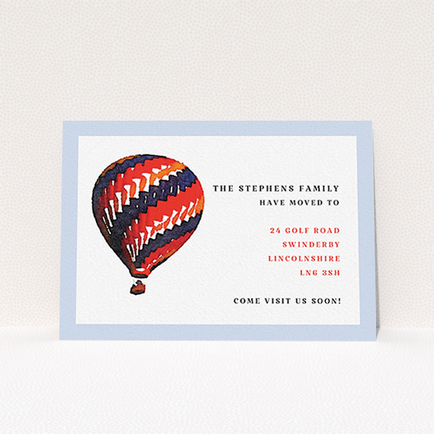 A change of address card design titled "Balloon Drift". It is an A6 card in a landscape orientation. "Balloon Drift" is available as a flat card, with tones of white, light blue and red.