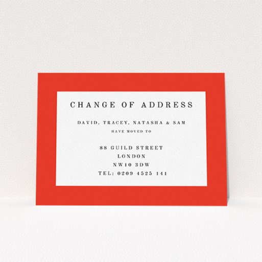 Change Of Address Card Design - "Broader Border Impact" A change of address card named "Broader Border Impact". It is an A6 card in a landscape orientation. "Broader Border Impact" is available as a flat card, with tones of red and white.