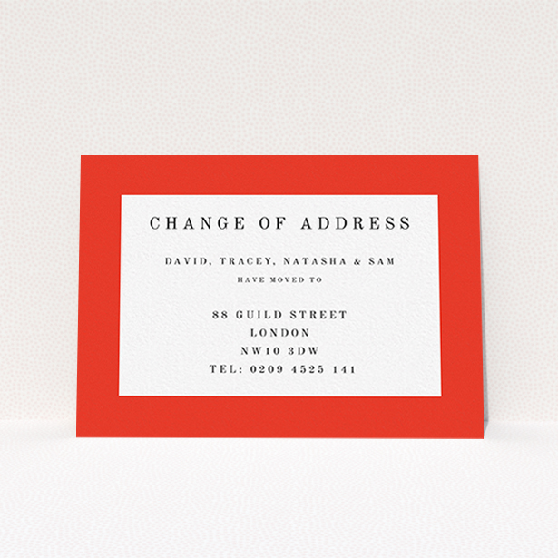 A change of address card named "Broader Border Impact". It is an A6 card in a landscape orientation. "Broader Border Impact" is available as a flat card, with tones of red and white.
