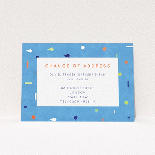 Change Of Address Card Design - "Capri" A change of address card design titled "Capri". It is an A6 card in a landscape orientation. "Capri" is available as a flat card, with tones of light blue and orange.