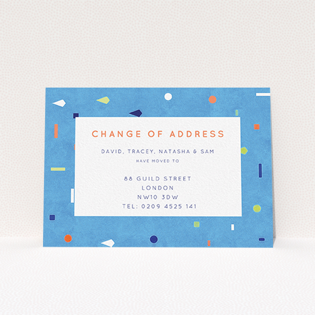 A change of address card design titled "Capri". It is an A6 card in a landscape orientation. "Capri" is available as a flat card, with tones of light blue and orange.