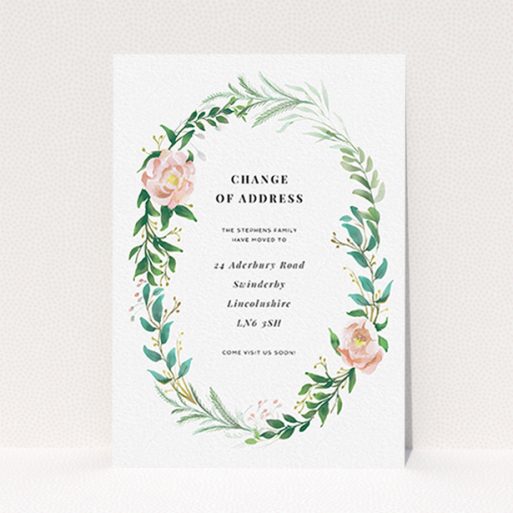 Change Of Address Card Design - "Classic Floral" A change of address card named "Classic Floral". It is an A6 card in a portrait orientation. "Classic Floral" is available as a flat card, with tones of white, light green and pink.