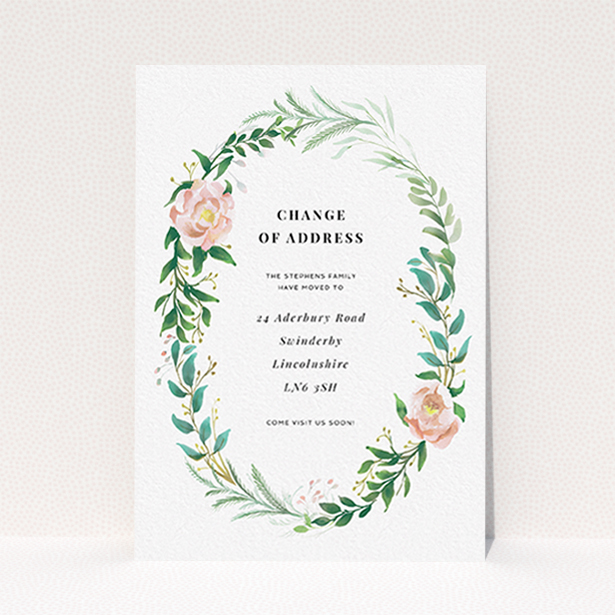 A change of address card named "Classic Floral". It is an A6 card in a portrait orientation. "Classic Floral" is available as a flat card, with tones of white, light green and pink.