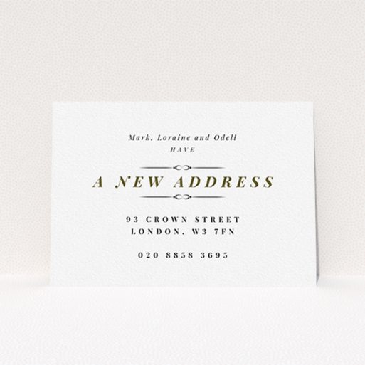 Change Of Address Card Design - "Classical" A change of address card design called "Classical". It is an A6 card in a landscape orientation. "Classical" is available as a flat card, with tones of white and gold.