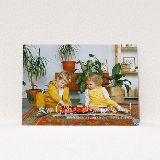 Change Of Address Card Design - "Come Visit Soon" A change of address card called "Come Visit Soon". It is an A6 card in a landscape orientation. It is a photographic change of address card with room for 1 photo. "Come Visit Soon" is available as a flat card, with mainly white colouring.