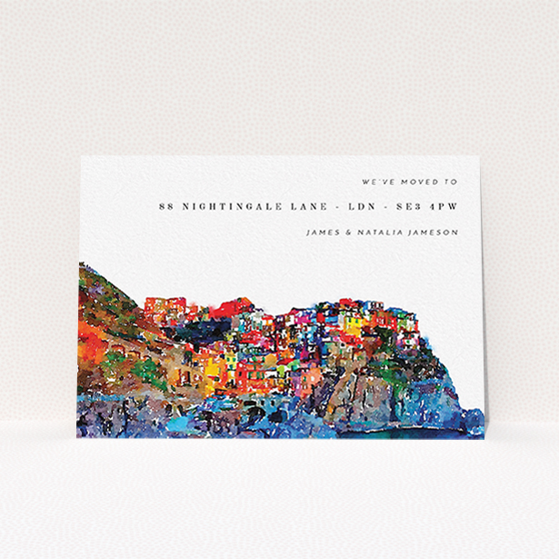 A change of address card design named "Costa del colour". It is an A6 card in a landscape orientation. "Costa del colour" is available as a flat card, with tones of white and red.
