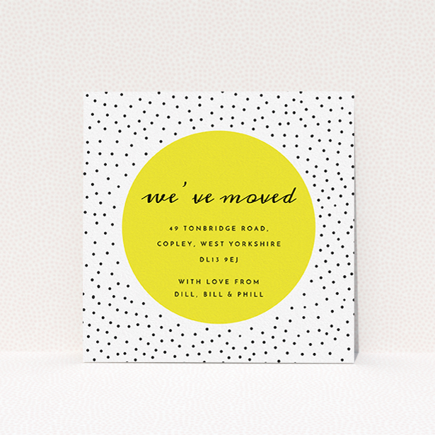 A change of address card design called "Dots". It is a square (148mm x 148mm) card in a square orientation. "Dots" is available as a flat card, with tones of yellow, white and black.