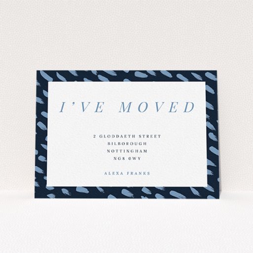 Change Of Address Card Design - "Drops" A change of address card called "Drops". It is an A6 card in a landscape orientation. "Drops" is available as a flat card, with tones of blue and white.