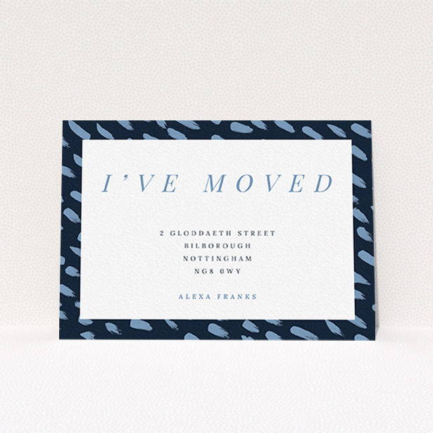 A change of address card called "Drops". It is an A6 card in a landscape orientation. "Drops" is available as a flat card, with tones of blue and white.