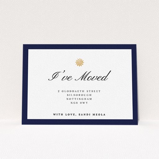Change Of Address Card Design - "Golden Sundial" A change of address card design called "Golden Sundial". It is an A6 card in a landscape orientation. "Golden Sundial" is available as a flat card, with tones of navy blue and white.