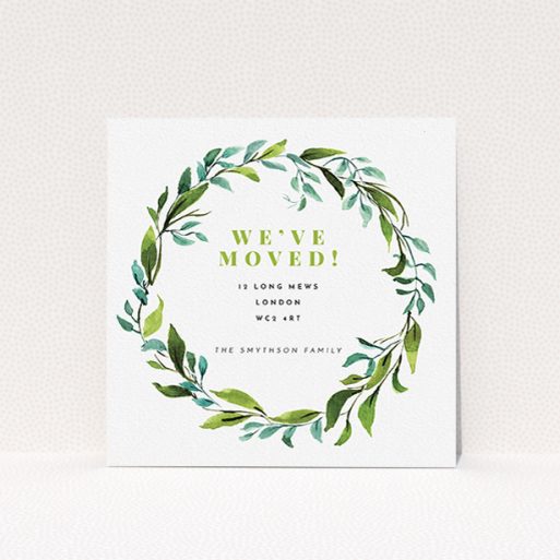 Change Of Address Card Design - "Greco" A change of address card design named "Greco". It is a square (148mm x 148mm) card in a square orientation. "Greco" is available as a flat card, with tones of green and white.