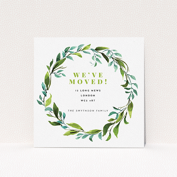 A change of address card design named "Greco". It is a square (148mm x 148mm) card in a square orientation. "Greco" is available as a flat card, with tones of green and white.