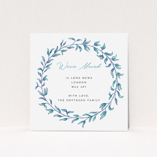 Change Of Address Card Design - "Hellenic" A change of address card design titled "Hellenic". It is a square (148mm x 148mm) card in a square orientation. "Hellenic" is available as a flat card, with tones of white, blue and green.