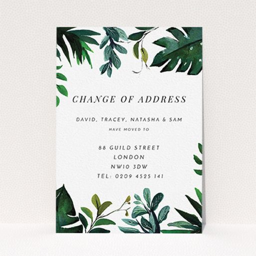 Change Of Address Card Design - "Jungle Gap" A change of address card template titled "Jungle Gap". It is an A6 card in a portrait orientation. "Jungle Gap" is available as a flat card, with tones of green and white.