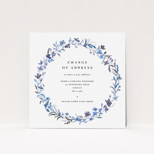 Change Of Address Card Design - "Light Blue Florals" A change of address card design named "Light Blue Florals". It is a square (148mm x 148mm) card in a square orientation. "Light Blue Florals" is available as a flat card, with tones of light blue, purple and grey.