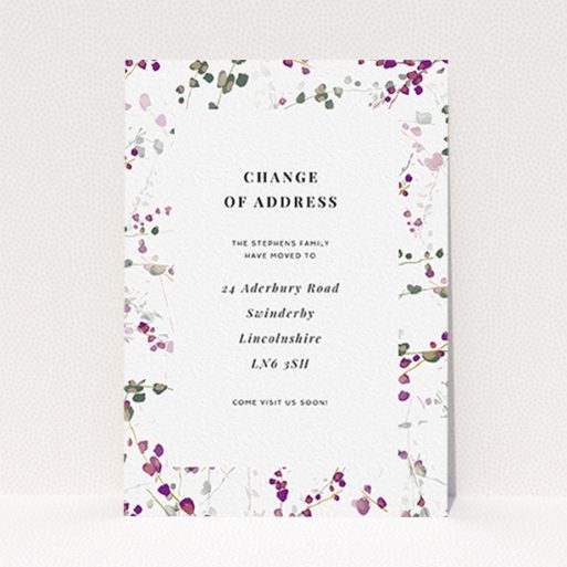 Change Of Address Card Design - "Lilac Backing" A change of address card called "Lilac Backing". It is an A6 card in a portrait orientation. "Lilac Backing" is available as a flat card, with tones of white and purple.