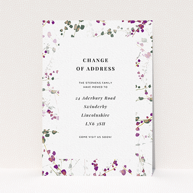 A change of address card called "Lilac Backing". It is an A6 card in a portrait orientation. "Lilac Backing" is available as a flat card, with tones of white and purple.