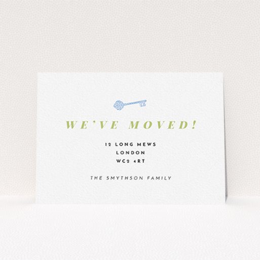 Change Of Address Card Design - "Magic Key" A change of address card template titled "Magic Key". It is an A6 card in a landscape orientation. "Magic Key" is available as a flat card, with tones of white and green.