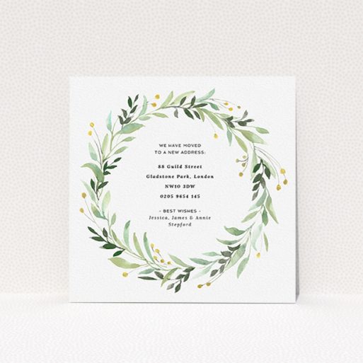 Change Of Address Card Design - "Marine Wreath" A change of address card called "Marine Wreath". It is a square (148mm x 148mm) card in a square orientation. "Marine Wreath" is available as a flat card, with tones of ice blue, light green and yellow.