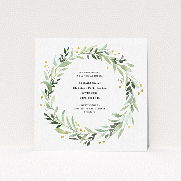 A change of address card called "Marine Wreath". It is a square (148mm x 148mm) card in a square orientation. "Marine Wreath" is available as a flat card, with tones of ice blue, light green and yellow.