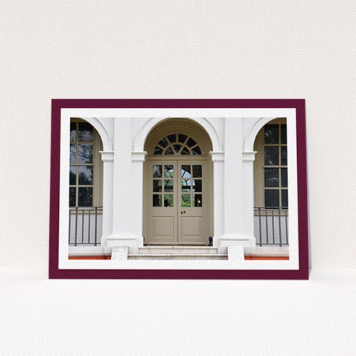 Change Of Address Card Design - "Maroon Border" A change of address card template titled "Maroon Border". It is an A6 card in a landscape orientation. It is a photographic change of address card with room for 1 photo. "Maroon Border" is available as a flat card, with tones of burgundy and white.