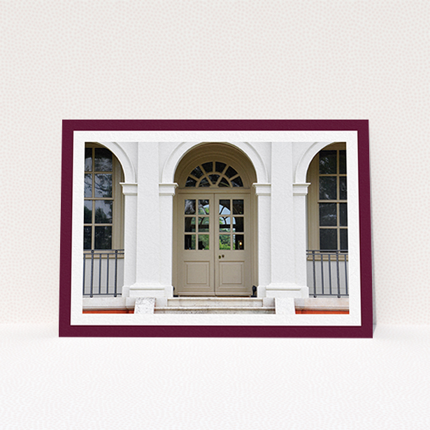 A change of address card template titled "Maroon Border". It is an A6 card in a landscape orientation. It is a photographic change of address card with room for 1 photo. "Maroon Border" is available as a flat card, with tones of burgundy and white.