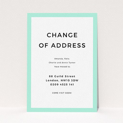 Change Of Address Card Design - "Mintiest" A change of address card design named "Mintiest". It is an A6 card in a portrait orientation. "Mintiest" is available as a flat card, with tones of green and white.