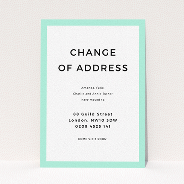 A change of address card design named "Mintiest". It is an A6 card in a portrait orientation. "Mintiest" is available as a flat card, with tones of green and white.