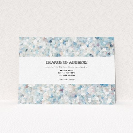 Change Of Address Card Design - "Oil Painting Pebbles" A change of address card design called "Oil Painting Pebbles". It is an A6 card in a landscape orientation. "Oil Painting Pebbles" is available as a flat card, with tones of blue, grey and light purple.