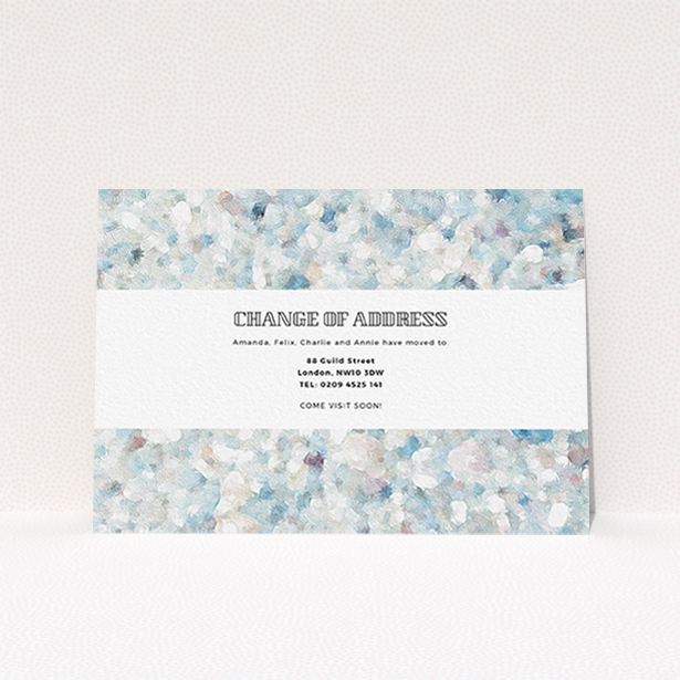 A change of address card design called "Oil Painting Pebbles". It is an A6 card in a landscape orientation. "Oil Painting Pebbles" is available as a flat card, with tones of blue, grey and light purple.
