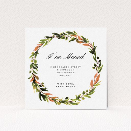 Change Of Address Card Design - "Olive Wreath Circle" A change of address card template titled "Olive Wreath Circle". It is a square (148mm x 148mm) card in a square orientation. "Olive Wreath Circle" is available as a flat card, with tones of green, dark green and terracotta.
