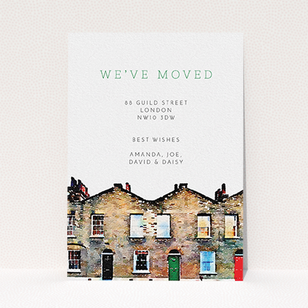 A change of address card design named "On the street where I live". It is an A6 card in a portrait orientation. "On the street where I live" is available as a flat card, with tones of white and green.