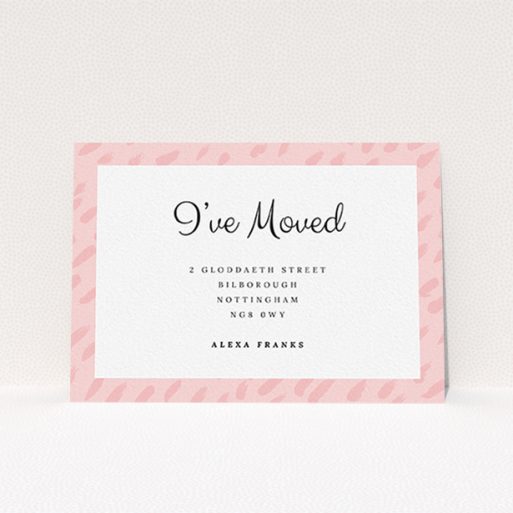Change Of Address Card Design - "Pink Drops" A change of address card template titled "Pink Drops". It is an A6 card in a landscape orientation. "Pink Drops" is available as a flat card, with tones of pink and white.