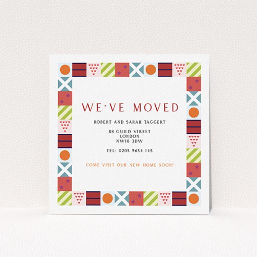 Change Of Address Card Design - "Racing Silks" A change of address card template titled "Racing Silks". It is a square (148mm x 148mm) card in a square orientation. "Racing Silks" is available as a flat card, with mainly red colouring.