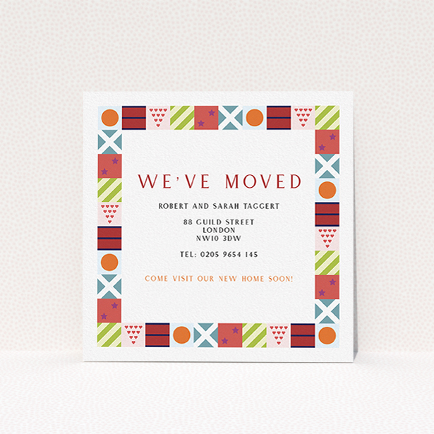 A change of address card template titled "Racing Silks". It is a square (148mm x 148mm) card in a square orientation. "Racing Silks" is available as a flat card, with mainly red colouring.