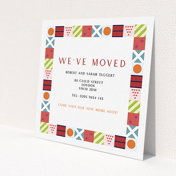 A change of address card template titled "Racing Silks". It is a square (148mm x 148mm) card in a square orientation. "Racing Silks" is available as a flat card, with mainly red colouring.