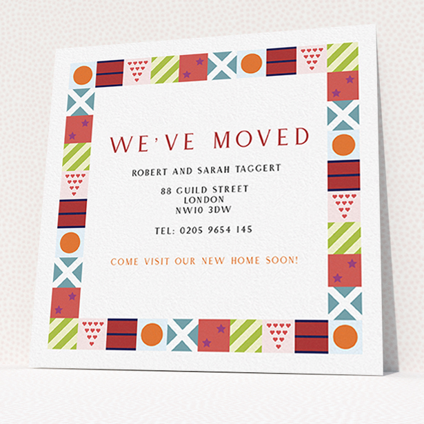 A change of address card template titled "Racing Silks". It is a square (148mm x 148mm) card in a square orientation. "Racing Silks" is available as a flat card, with mainly red colouring.