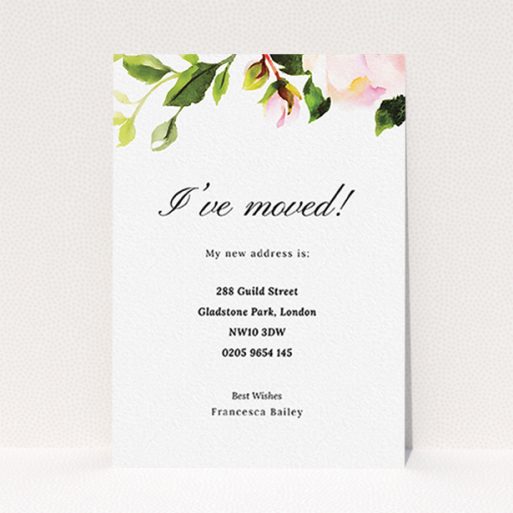 Change Of Address Card Design - "Rose Top" A change of address card called "Rose Top". It is an A6 card in a portrait orientation. "Rose Top" is available as a flat card, with tones of pink and green.